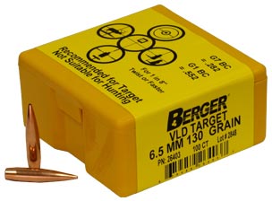 Berger Target Bullets 6.5 MM, .264 Diameter, 130 Grain, Match Grade, VLD, 100 Per Box (26403), Not Loaded
