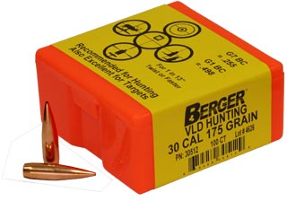 Berger Hunting Bullets 30 Caliber, .308 Diameter, 175 Grain, Match Grade, VLD, 100 Per Box (30512), Not Loaded