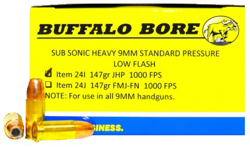 Buffalo Bore Subsonic Pistol Ammunition 24I/20, 9mm, Jacketed Hollow Point (JHP), 147 GR, 1000 fps, 20 Rd/bx