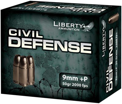 Liberty Civil Defense Pistol Ammunition LACD09014, 9mm +P, Hollow Point, 50 GR, 2000 fps 20 Rd/bx