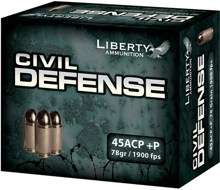 Liberty Civil Defense Pistol Ammunition LACD45013, 45 ACP, Hollow Point (HP), 78 GR, 1900 fps, 20 Rd/bx