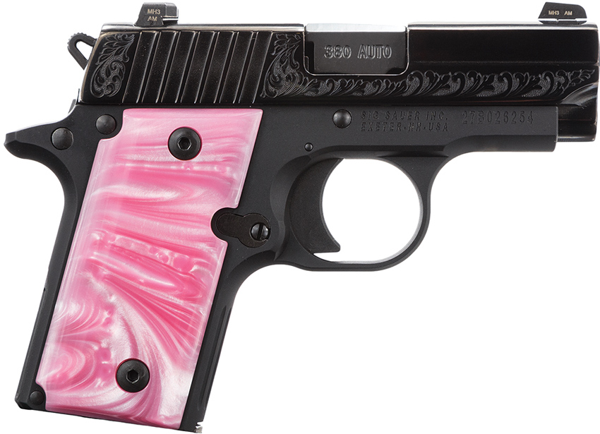 Sig P238 ESP-Nitron Pistol 238380BSSESPR, 380 ACP, 2.70 in, Pink Pearlite Grip, Engraved Nitron Finish, 6 Rd