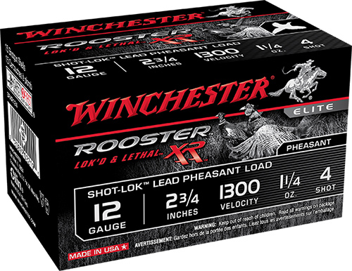 Winchester Rooster XR Shot-Lok Shotshells SRXR1234, 12 Gauge, 3", 1-1/2 oz, 1300 fps, #4 Lead, 15 Rd/bx