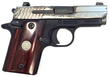 Sig P938 Pistol 9389ESR, 9mm, 3 in, Rosewood Grip w/Sig Medallion, Polished Engraved Nitron Finish, Night Sights, 6 Rd