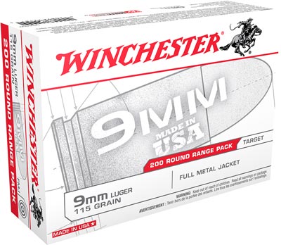 Winchester USA Pistol Ammunition USA9W, 9mm, Full Metal Jacket (FMJ), 115 Grain, 1190 fps, 200 Rd/bx