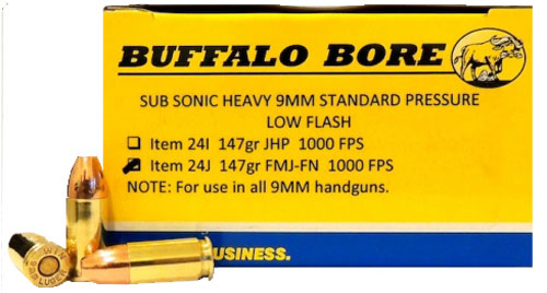 Buffalo Bore Handgun Ammunition 24J/20, 9mm, Full Metal Jacket Flat Nose, 147 GR, 1000 fps, 20 Rd/bx