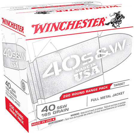 Winchester USA Pistol Ammunition USA40W, 40 S&W, Full Metal Jacket, 165 GR, 1060 fps, 200 Rd/bx
