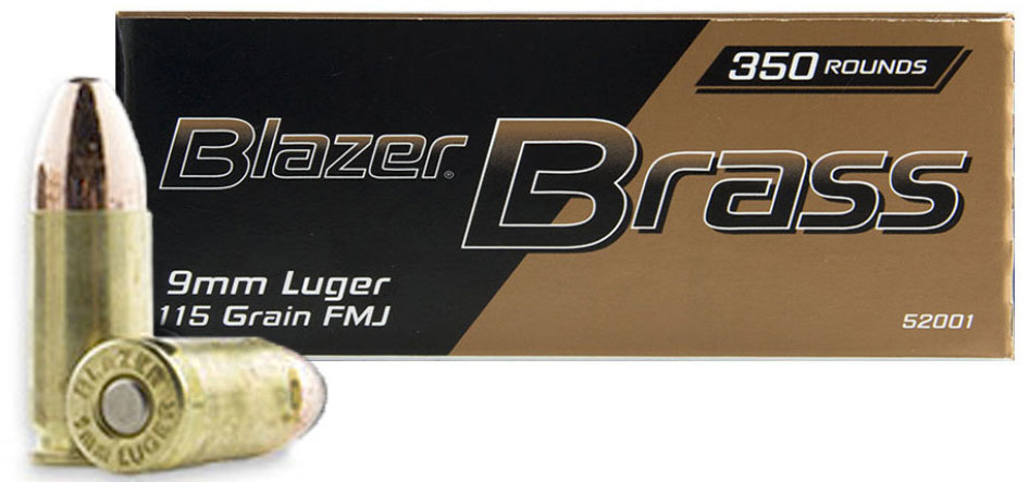 CCI Blazer Brass Pistol Ammunition 52001, 9mm, Full Metal Jacket (FMJ), 115 GR, 1145 fps, 350 Rd/Bx