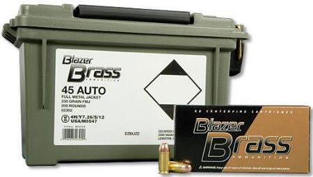CCI Blazer Brass Pistol Ammunition 52302, 45 ACP, 230 GR, 830 fps, 200 Rd Plano Box