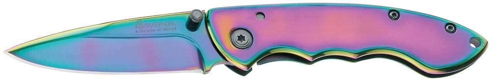 Boker Magnum Drop Point Folding Knife w/Plain Edge & 410 Stainless, Titanium Oxide Rainbow Handle (01MB255)