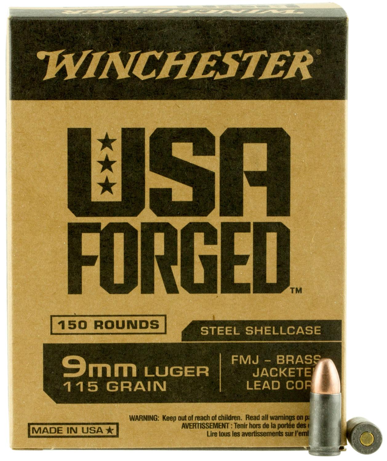 Winchester USA Forged Pistol Ammunition WIN9S, 9mm Luger, Steel Case, Full Metal Jacket, 115 GR, 1190 fps, 150 Rd/Bx