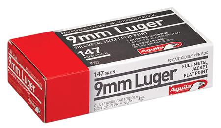 Aguila Pistol Ammunition 1E097719, 9mm Luger, Full Metal Jacket Flat Point, 147 GR, 950 fps, 50 Rd/Bx