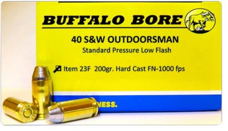 Buffalo Bore Outdoorsman Pistol Ammunition 23F/20, 40 S&W, Hard Cast Flat Nose, 200 GR, 1000 fps, 20 Rd/Bx