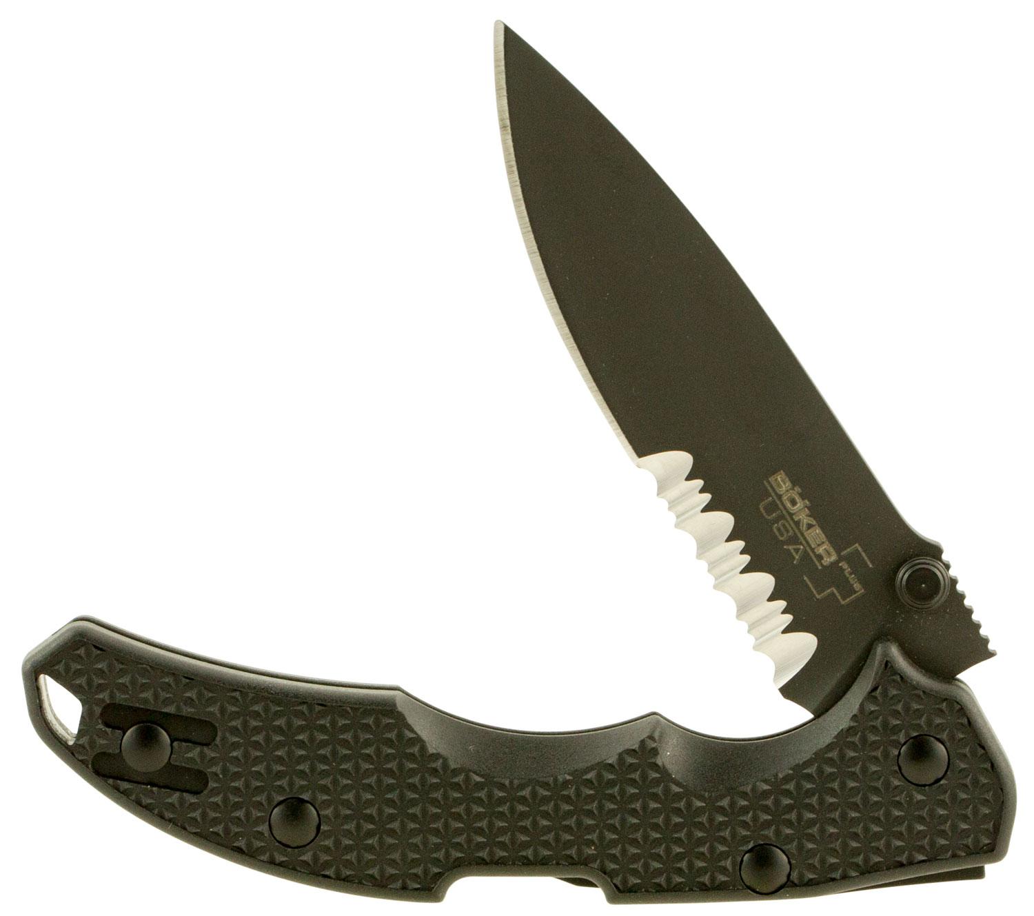 Boker Plus Drop Point Folding Knife w/Partially Serrated Edge & Fiberglass Reinforced Nylon Black Handle (01BO371)