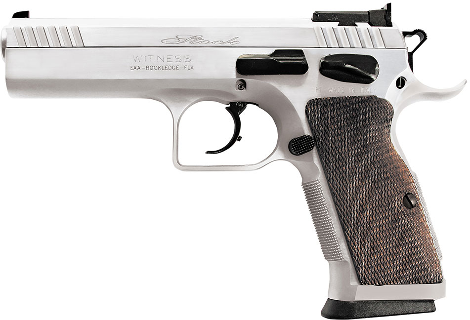 EAA Witness Elite Stock 2 Semi-Auto Pistol 600605, 9mm, 4 1/2 in, Wood Grip, Chrome Finish, 17 Rd