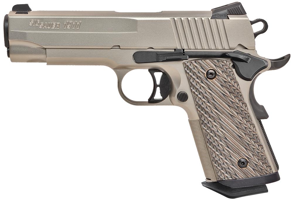 Sig 1911 Compact Pistol 1911CO45NI, 45 ACP, 4.2", Laminate Brown Grips, Nickel Nitron Finish, 7 Rds