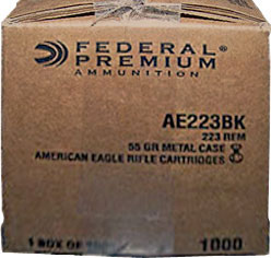 Federal American Eagle Rifle Ammunition AE223BK, 223 Remington, FMJ Boat Tail, 55 GR, 1000 Rd/Case