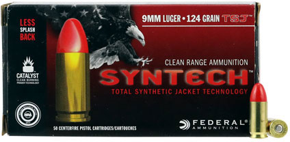 Federal American Eagle Syntech Pistol Ammunition AE9SJ2, 9mm Luger, Total Syntech Jacket, 124 GR, 1050 fps, 50 Rd/Bx