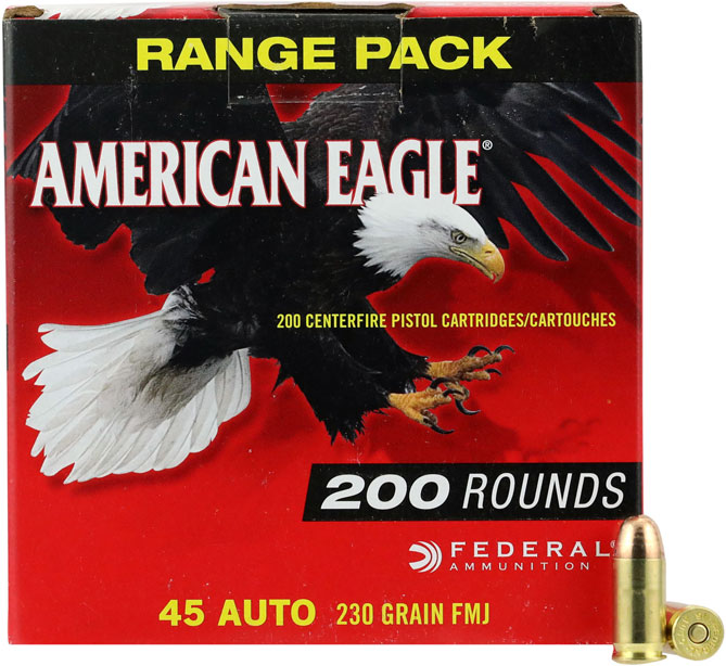 Federal American Eagle Pistol Ammunition AE45A200, 45 ACP, Full Metal Jacket, 230 GR, 890 fps, 200 Rd/Bx