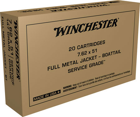 Winchester Service Grade Rifle Ammunition SG76251W, 7.62x51mm NATO, Full Metal Jacket (FMJ), 147 GR, 2750 fps, 20 Rd/bx