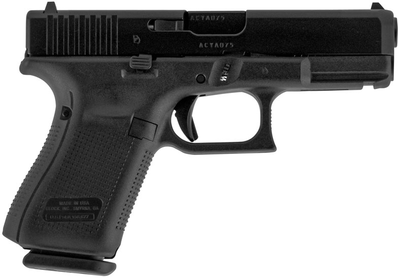 Glock 19 Gen5 Pistol UA1950203, 9mm, 4.48 in, Black Polymer Grip, Gas Nitride Finish, Fixed Sights, 15 Rds, Made in USA
