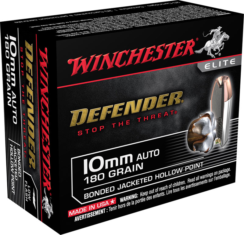Winchester Defender Pistol Ammunition S10MMPDB, 10mm, Bonded Jacketed Hollow Point, 180 GR, 1240 fps, 20 Rd/bx
