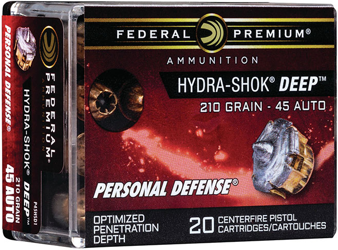 Federal Premium Personal Defense Pistol Ammunition P45HSD1, 45 ACP, Hydra-Shok Deep, 210 GR, 20 Rd/bx