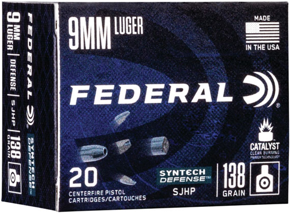 Federal American Eagle Syntech Defense Pistol Ammunition S9SJT1, 9mm Luger, Segmented JHP, 138 GR, 1050 fps, 20 Rd/Bx