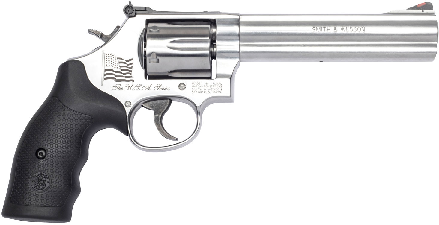 Smith & Wesson 686 Revolver 13184, 357 Magnum, 6", Rubber Grip, Stainless Finish w/US Flag Engraving, 6 Rd