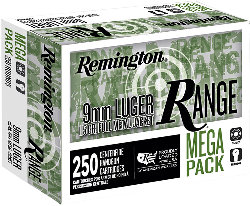 Remington Range Pistol Ammunition Mega Pack T9MM3A, 9mm Luger, FMJ, 115 gr, 1150 fps, 250 Rd/Bx
