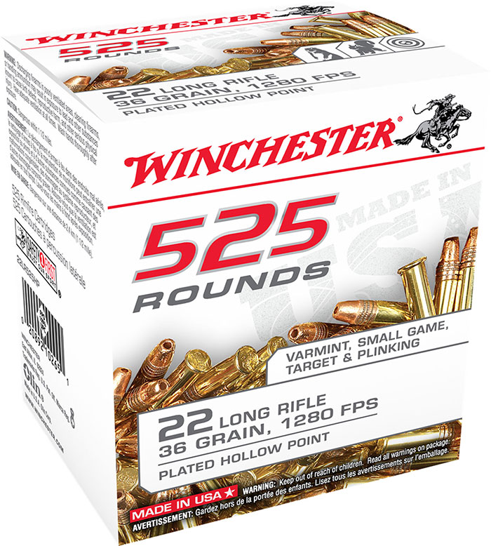 Winchester USA Rimfire Ammunition 22LR525HP, 22 Long Rifle, Copper Plated Hollow Point (HP), 36 GR, 1280 fps, 525 Rd/Bx