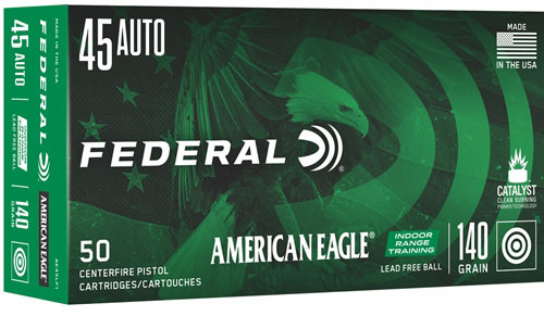 Federal American Eagle Lead Free Pistol Ammunition AE45LF1, 45 ACP, Lead Free Ball, 140 GR, 50 Rd/bx