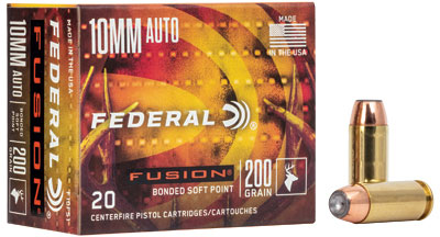Federal Premium Fusion Pistol Ammunition F10FS1, 10mm, Synthetic Solid Core, 200 GR, 20 Rd/bx