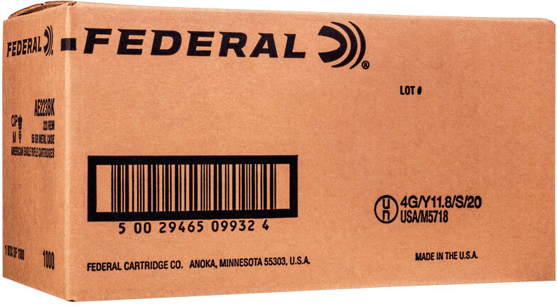 Federal American Eagle Rifle Ammunition AE223BKX, 223 Remingtonm, Full Metal Jacket Boat Tail (FMJBT), 55 gr, 3240 fps, 1000 Rd/Bx