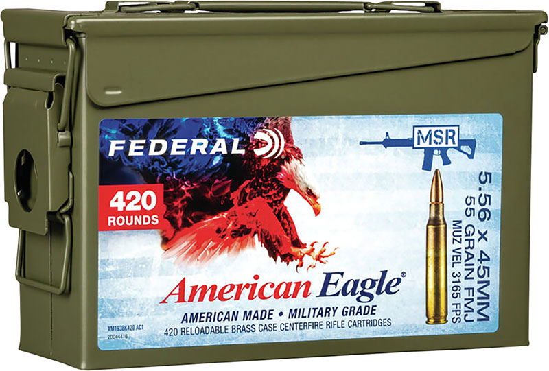 Federal American Eagle Rifle Ammunition XM193BK420AC1X, 5.56x45mm NATO, Full Metal Jacket Boat Tail, 55 gr, 3165 fps, 420 Rd/Bx