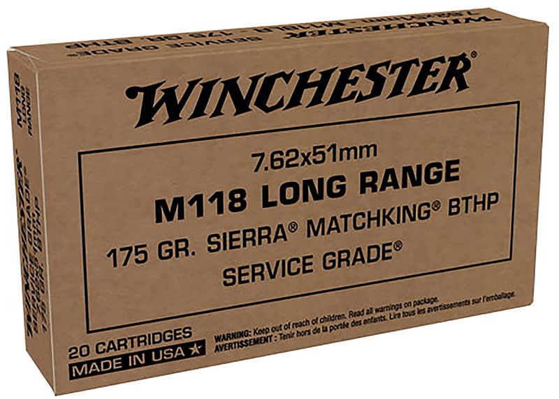 Winchester M118 Long Range Military Rifle Ammunition SGM118LRW, 7.62x51mm NATO, Sierra Matchking BTHP, 175 GR, 2620 fps, 20 Rd/bx
