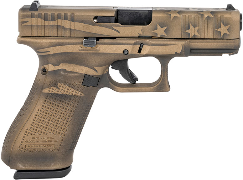 Glock 45 Gen5 Battleworn Flag Pistol PA455S204BBBWFLAG, 9mm, 4.02 in, Polymer Grip, Burnt Bronze Finish, Fixed Sights, 17 Rds