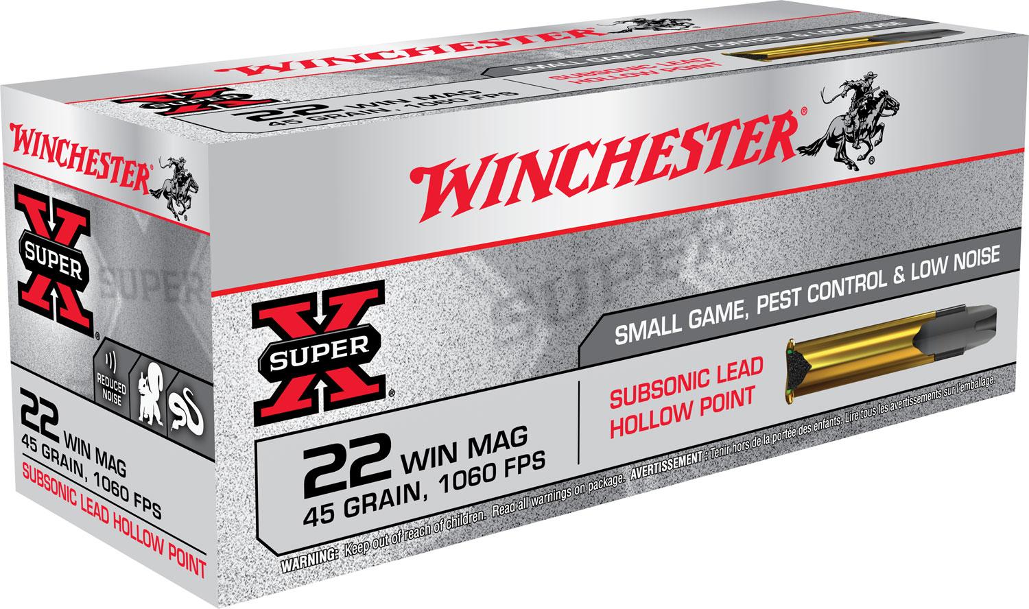 Winchester Super X Subsonic Rimfire Ammunition X22MSUB, 22 Magnum (WMR), Lead Hollow Point, 45 GR, 1060 fps, 50 Rds/Bx
