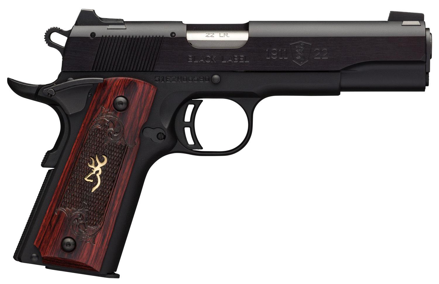 Browning 1911-22 Black Label Medallion Pistol 051851490, 22 Long Rifle (LR), 4.25", Rosewood Grips, Matte Black Finish, 10 Rds