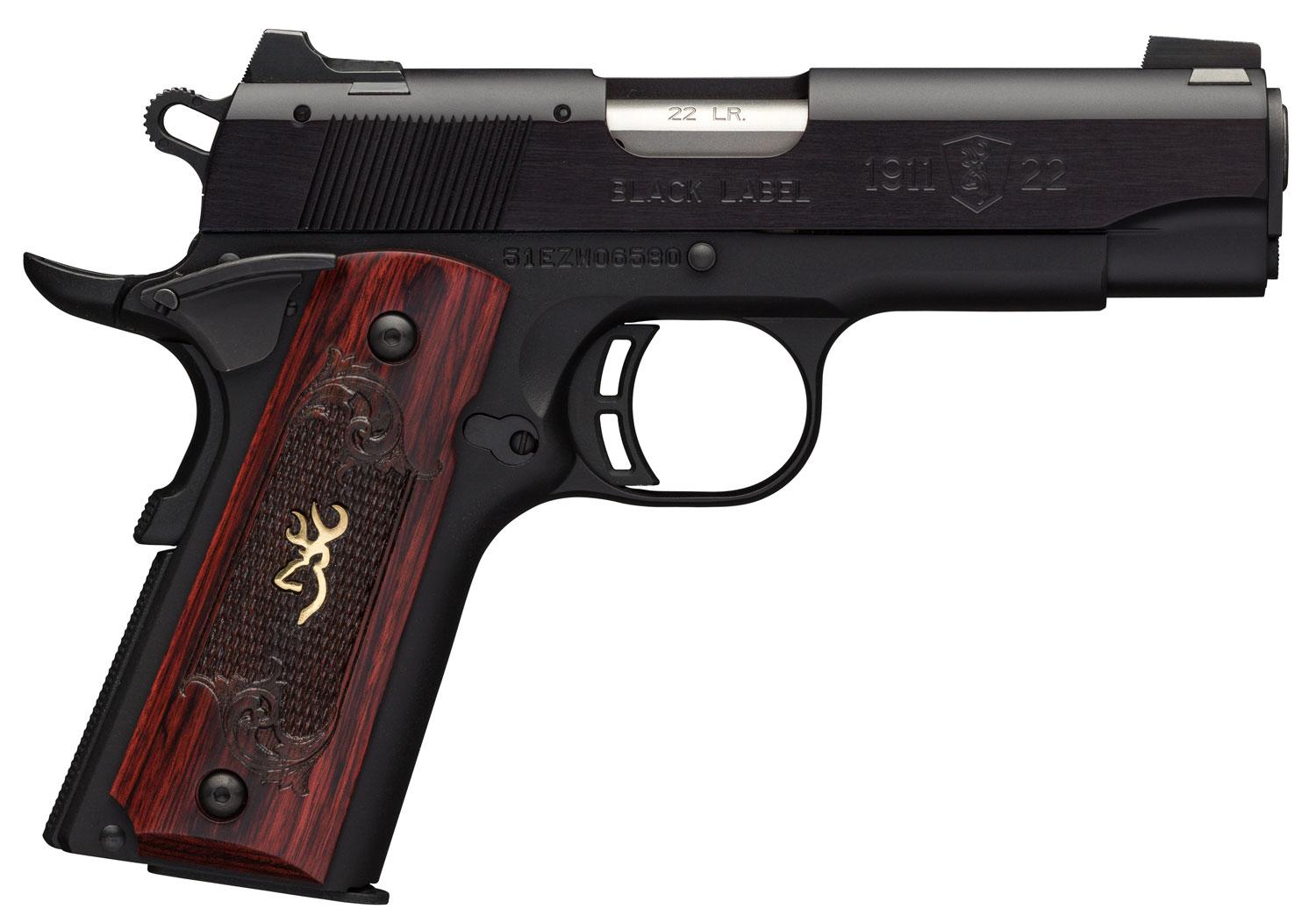 Browning 1911-22 Black Label Medallion Compact Pistol 051852490, 22 Long Rifle (LR), 3.58", Rosewood Grips, Matte Black Finish, 10 Rds