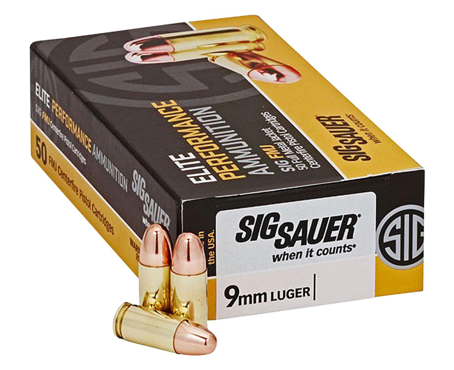 Sig Elite Performance Pistol Ammunition E9MMB250, 9mm, Full Metal Jacket (FMJ), 124 GR, 1165 fps, 50 Rd/Bx