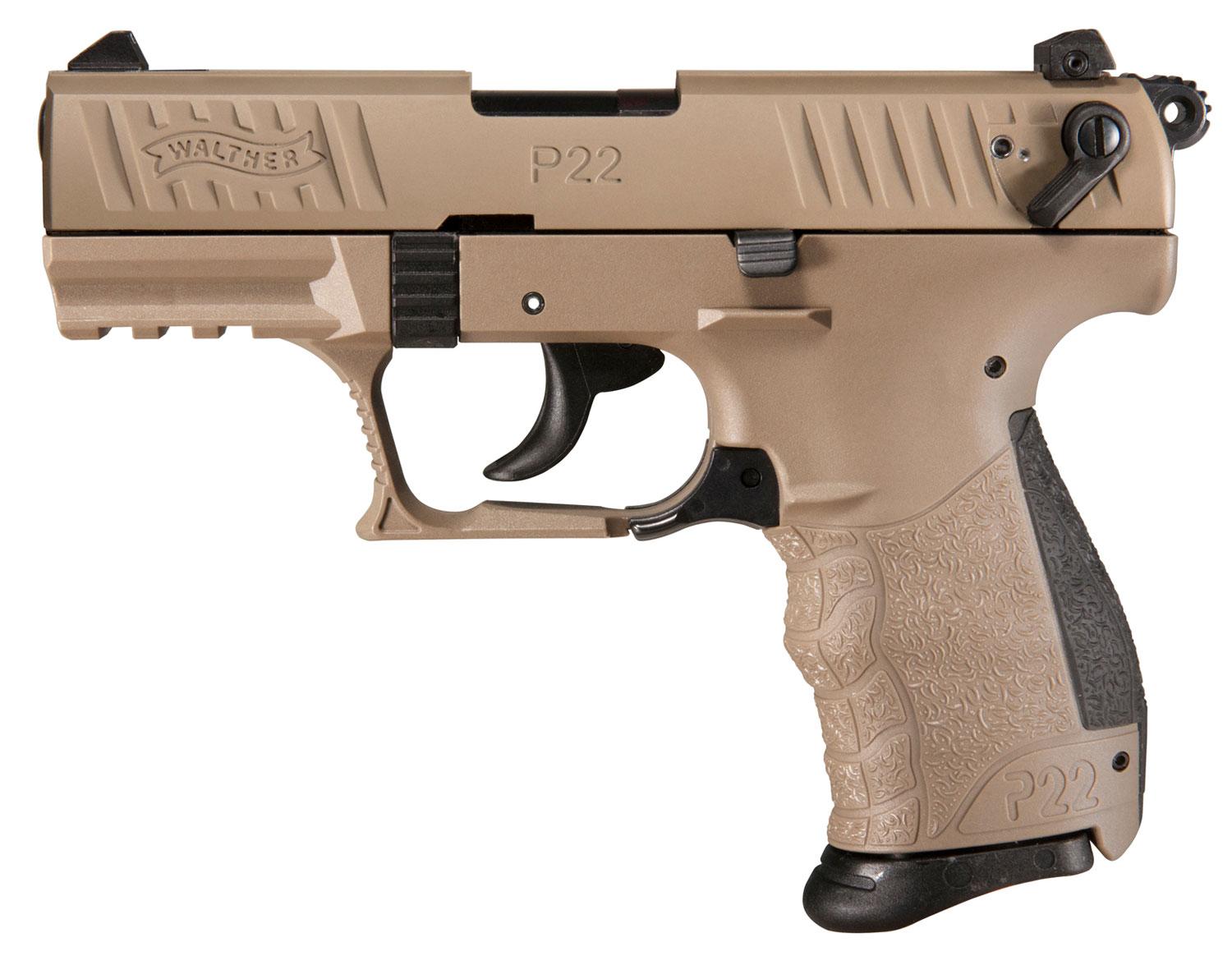 Walther P22 Pistol 5120553, 22 LR, 3.42", Black Interchangeable Backstrap Grips, Flat Dark Earth Finish, 10 Rd