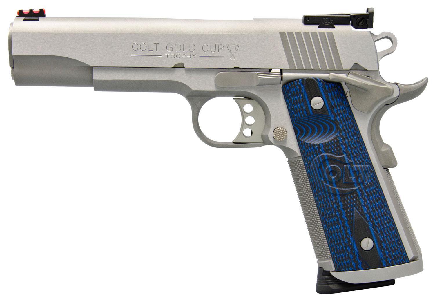 Colt 1911 Gold Cup Pistol O5070XE, 45 Automatic Colt Pistol ACP, 5", Blue G10 Grips, Brushed Stainless Finish, 8 Rds