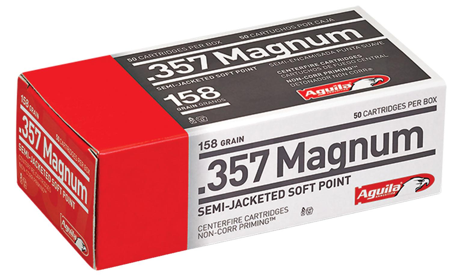 Aguila Pistol Ammunition 1E572820, 357 Mag, Semi-JHP, 158 GR, 1545 fps, 50 Rd/Bx