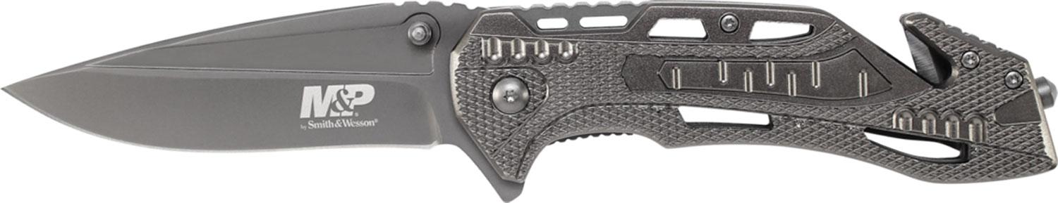 Smith & Wesson Schrade M&P Drop Point Folding Knife w/Plain Edge & Aluminum Grey Handle (SWMP10G)