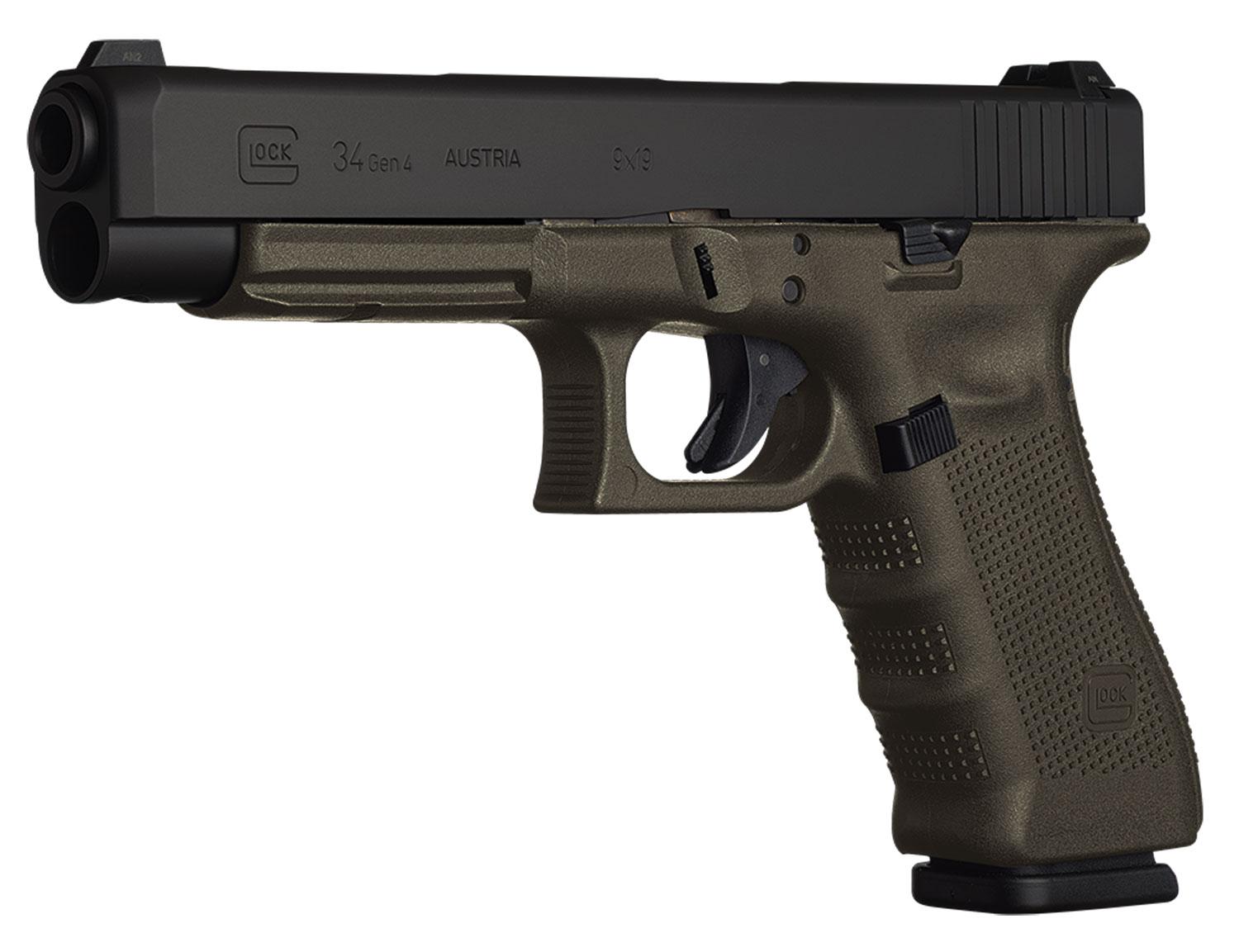 Glock G34 Gen 4 Pistol PG3437101, 9mm Luger, 5.31", Black Interchangeable Backstrap Grips, OD Green Finish, 10 Rds