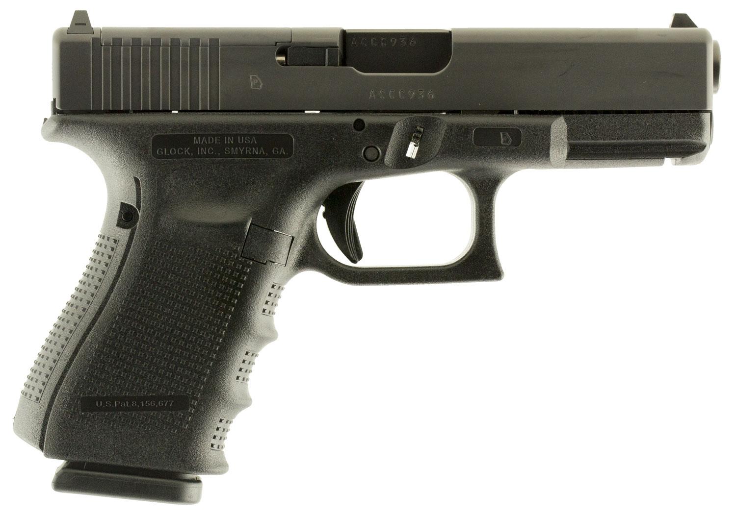 Glock G19 Gen4 Pistol UG1950203MOS, 9mm Luger, 4.01", Black Interchangeable Backstrap Grips, Black Finish, 15 Rds