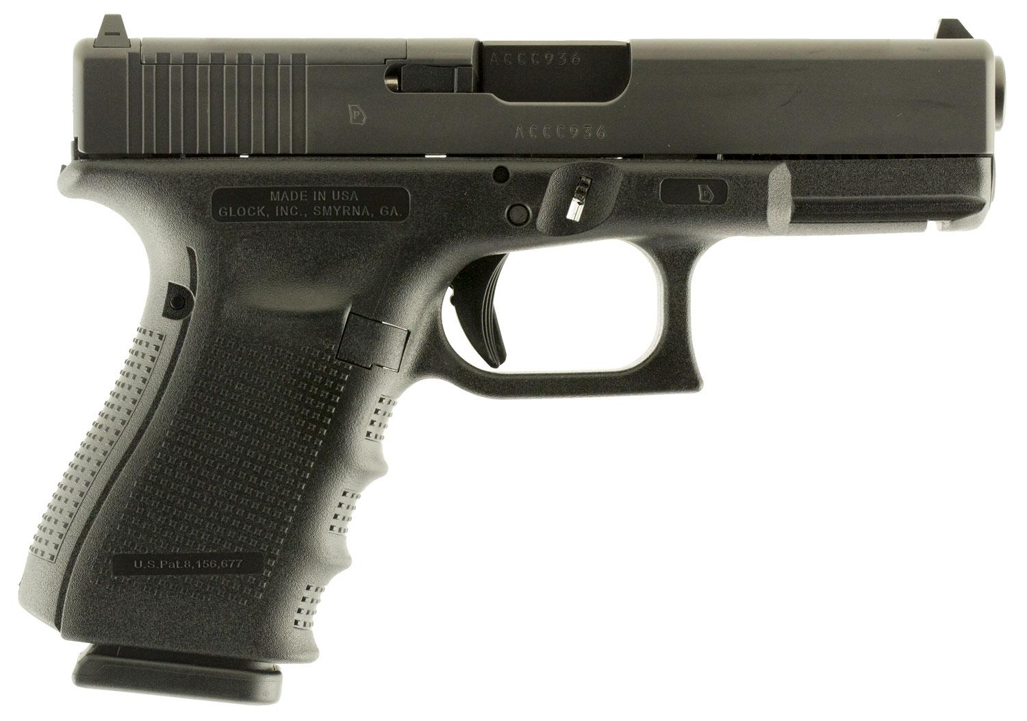 Glock G19 Gen4 Pistol UG1950203MOS, 9mm Luger, 4.02", Black Interchangeable Backstrap Grips, Black Finish, 15 Rds