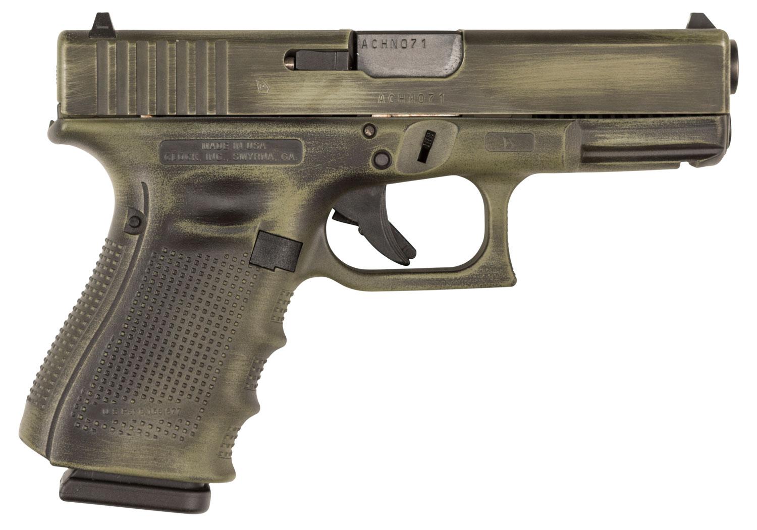 Glock G19 Gen 4 Pistol PG1950203BWM, 9mm Luger, 4.01", OD Green Interchangeable Backstrap Grips, OD Green Battleworn Finish, 15 Rd