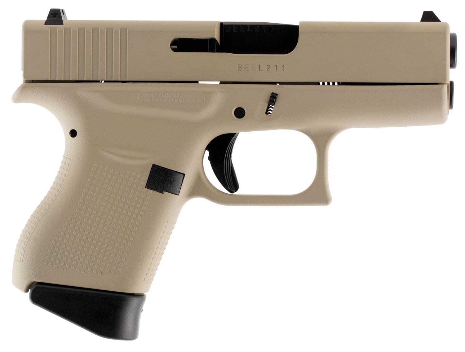 Glock G43 Pistol PI4350201DTN, 9mm Luger, 3.39", Desert Tan Polymer Grip/Frame, Desert Tan Cerakote Finish, 6 Rds